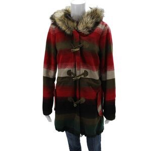 BB Dakota Women Striped Red Parka Coat Toggle Closure Long Sleeve Size M